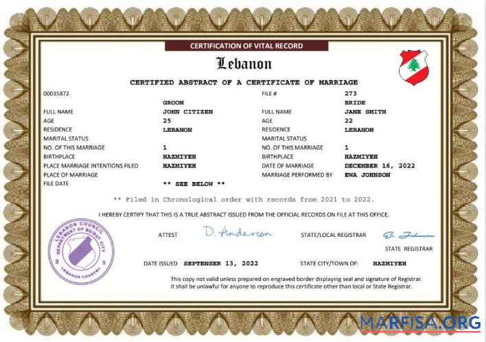 Blank Lebanon marriage certificate Word and PDF template